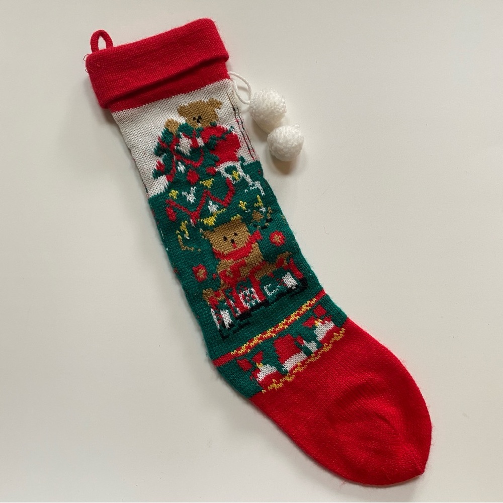 Vintage Knit Christmas Stocking Bears and Christmas Tree 80s 90s Holiday Decor